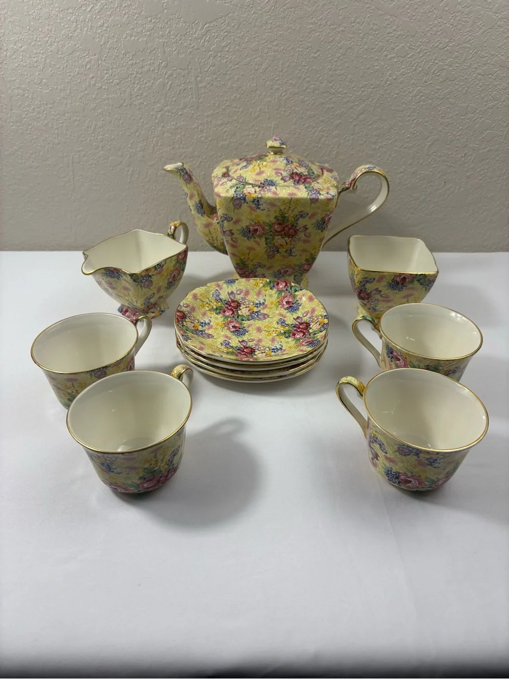 Royal Winton Wellbeck Chintz Tea Set with Pale Yellow Floral Pattern & Gold Trim